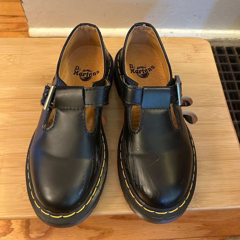 Dr. Martens Kids Black T-Strap Shoes with Yellow Stitching